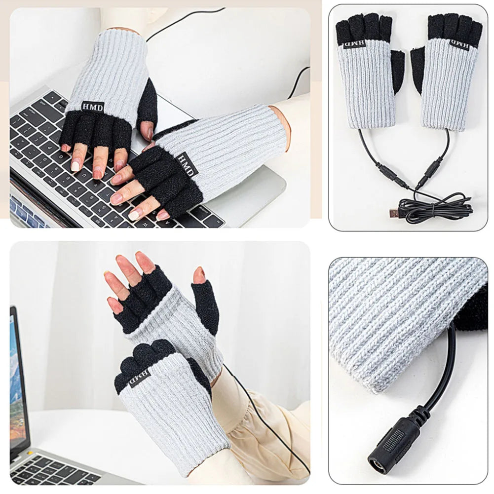 Heated Wool Gloves USB Fingerless