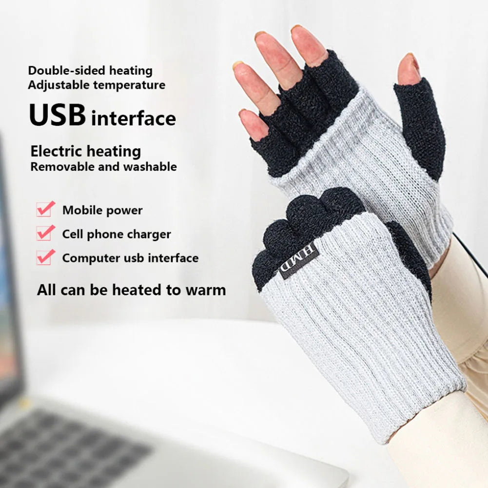 Heated Wool Gloves USB Fingerless